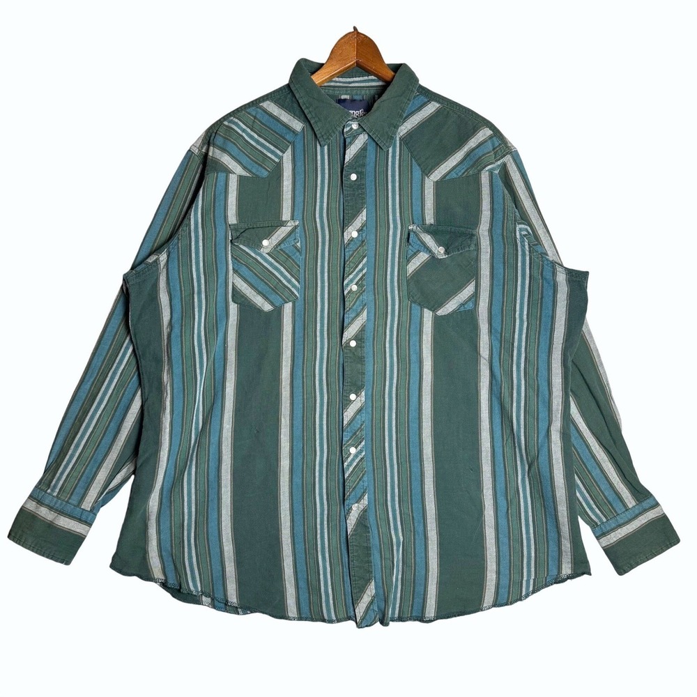 Wrangler Mens Western Snap Shirt Green Teal Striped Pearl Snap Long Sleeve XL